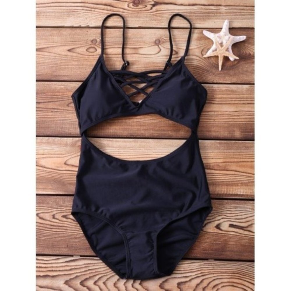 Zaful Black Tie Cutout 1pc Swimsuit Small